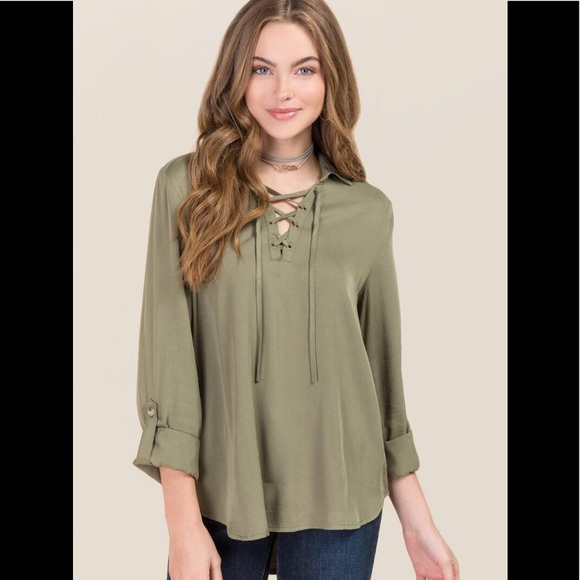Harper Tops - Harper Lace Up Army Green Long Sleeves Top- SZS